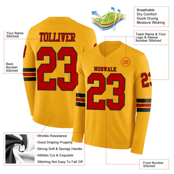 Custom Gold Red-Black Long Sleeve Authentic Football Jersey