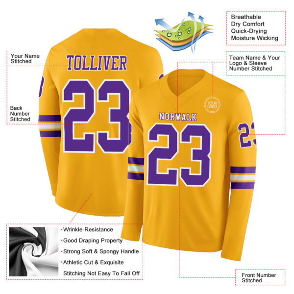 Custom Gold Purple-White Long Sleeve Authentic Football Jersey