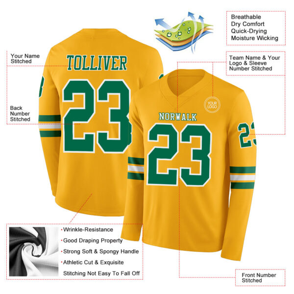 Custom Gold Kelly Green-White Long Sleeve Authentic Football Jersey