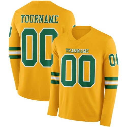 Custom Gold Kelly Green-White Long Sleeve Authentic Football Jersey