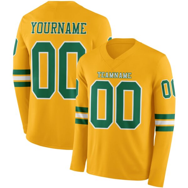 Custom Gold Kelly Green-White Long Sleeve Authentic Football Jersey