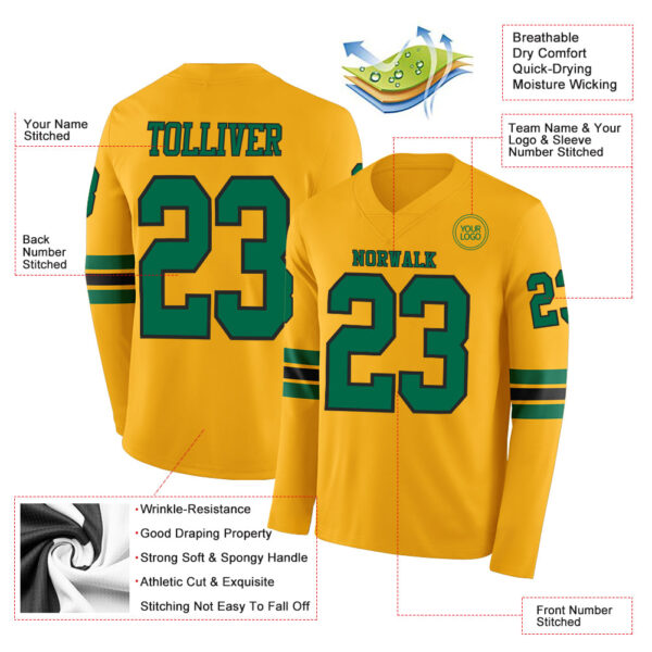 Custom Gold Kelly Green-Black Long Sleeve Authentic Football Jersey