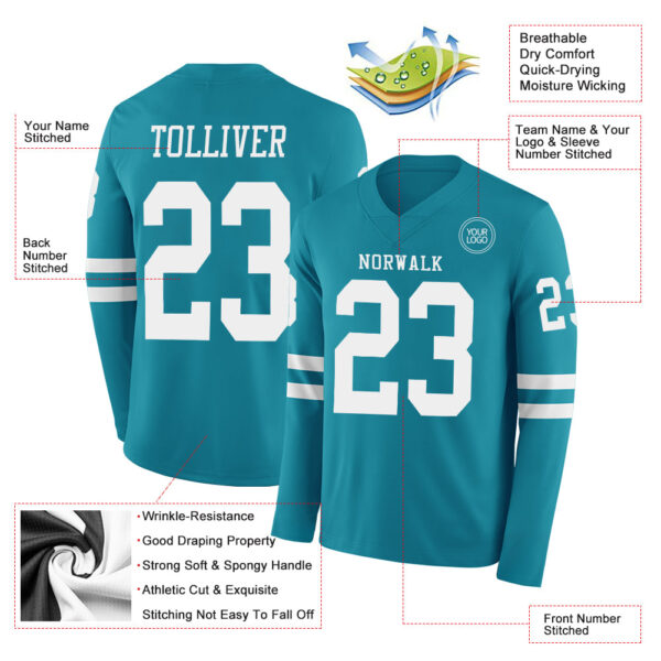 Custom Teal White Long Sleeve Authentic Football Jersey
