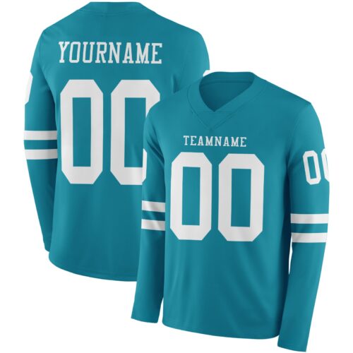 Custom Teal White Long Sleeve Authentic Football Jersey