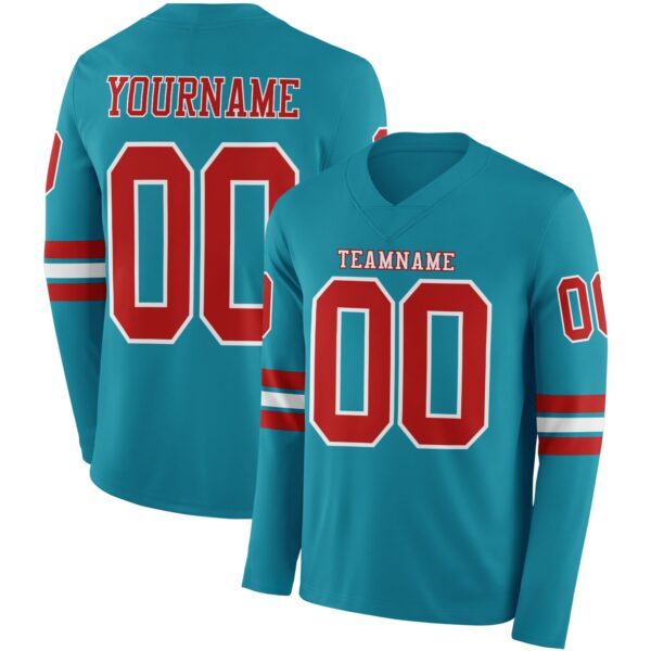 Custom Teal Red-White Long Sleeve Authentic Football Jersey