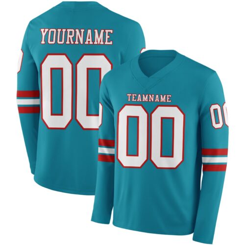 Custom Teal White-Red Long Sleeve Authentic Football Jersey