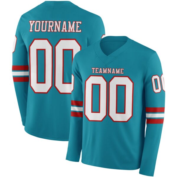 Custom Teal White-Red Long Sleeve Authentic Football Jersey