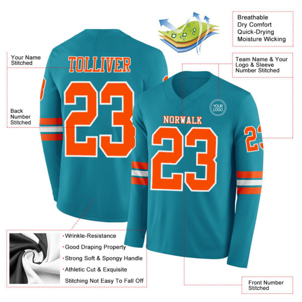 Custom Teal Orange-White Long Sleeve Authentic Football Jersey