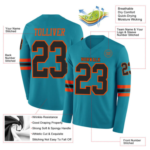 Custom Teal Black-Orange Long Sleeve Authentic Football Jersey