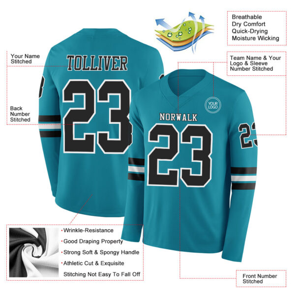 Custom Teal Black-White Long Sleeve Authentic Football Jersey