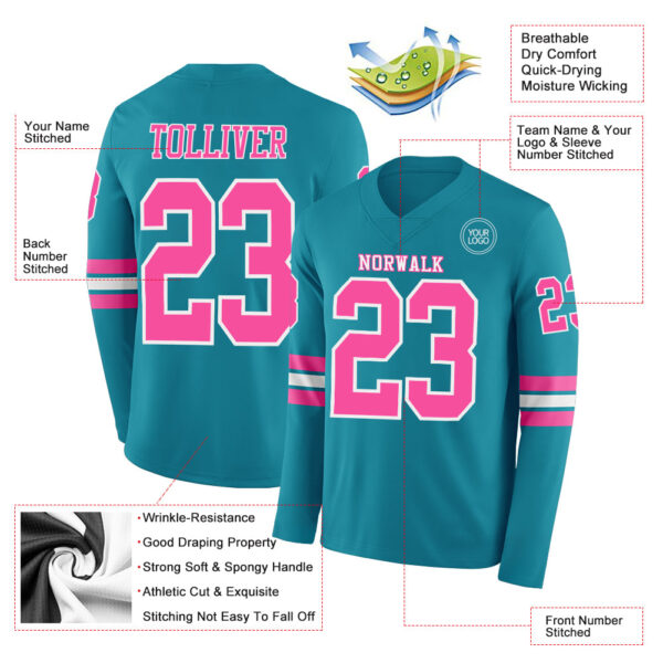 Custom Teal Pink-White Long Sleeve Authentic Football Jersey