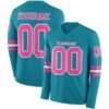 Custom Teal Pink-White Long Sleeve Authentic Football Jersey