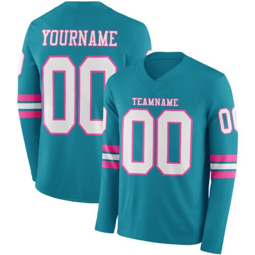 Custom Teal White-Pink Long Sleeve Authentic Football Jersey