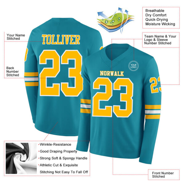 Custom Teal Gold-White Long Sleeve Authentic Football Jersey