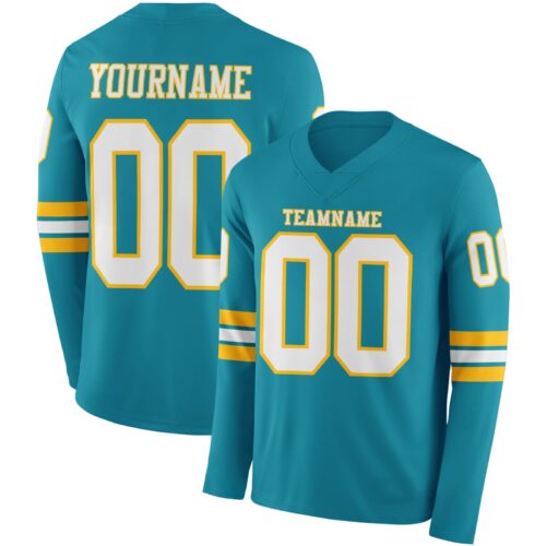 Custom Teal White-Gold Long Sleeve Authentic Football Jersey