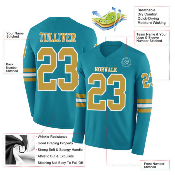Custom Teal Old Gold-White Long Sleeve Authentic Football Jersey