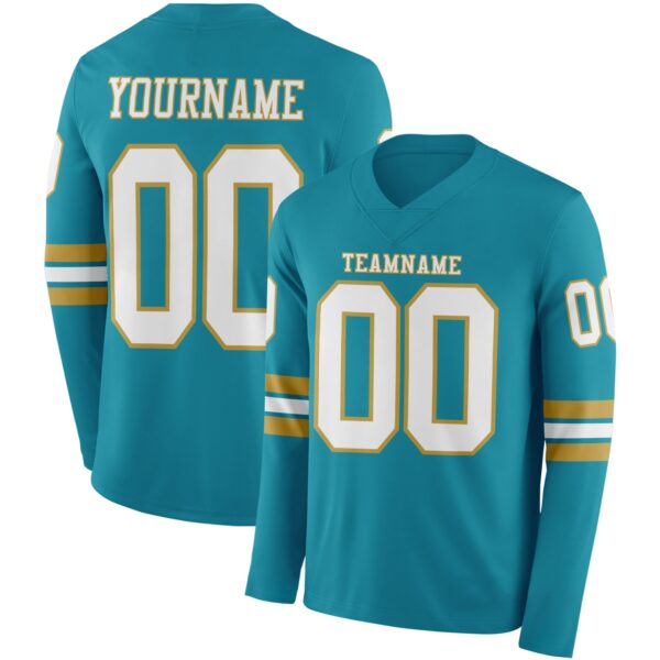 Custom Teal White-Old Gold Long Sleeve Authentic Football Jersey