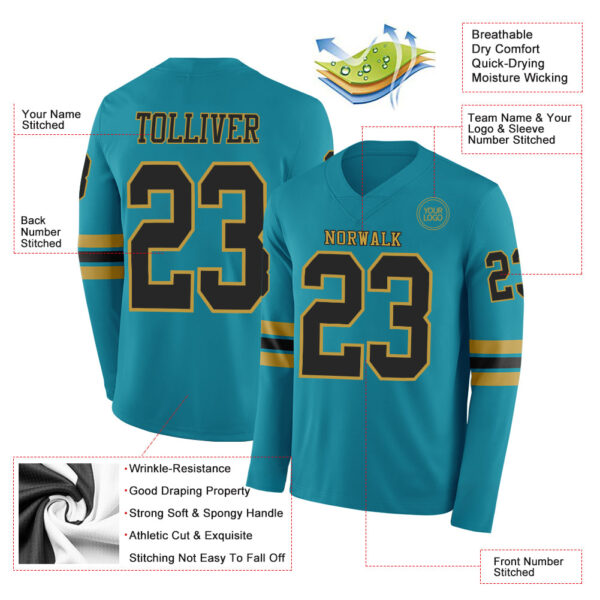 Custom Teal Black-Old Gold Long Sleeve Authentic Football Jersey