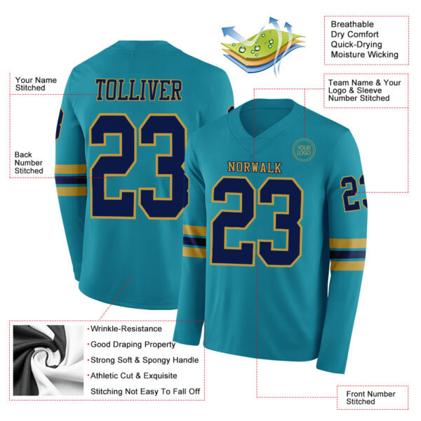 Custom Teal Navy-Old Gold Long Sleeve Authentic Football Jersey
