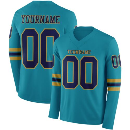Custom Teal Navy-Old Gold Long Sleeve Authentic Football Jersey