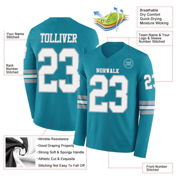 Custom Teal White-Gray Long Sleeve Authentic Football Jersey