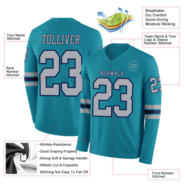 Custom Teal Gray-Navy Long Sleeve Authentic Football Jersey