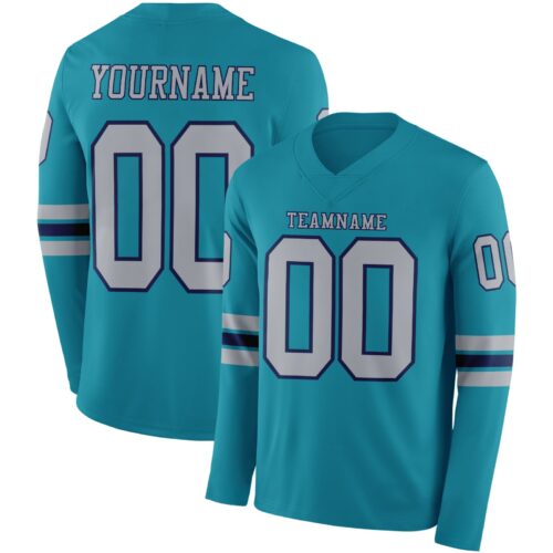 Custom Teal Gray-Navy Long Sleeve Authentic Football Jersey