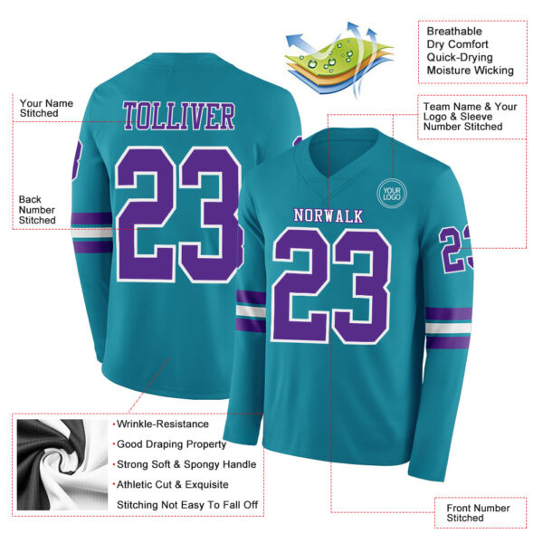 Custom Teal Purple-White Long Sleeve Authentic Football Jersey