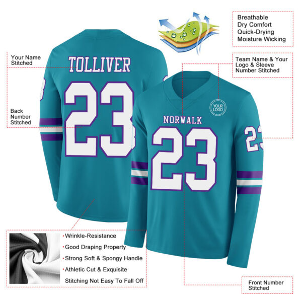 Custom Teal White-Purple Long Sleeve Authentic Football Jersey