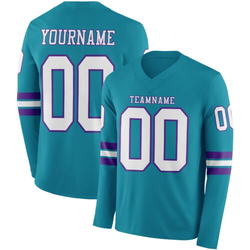 Custom Teal White-Purple Long Sleeve Authentic Football Jersey