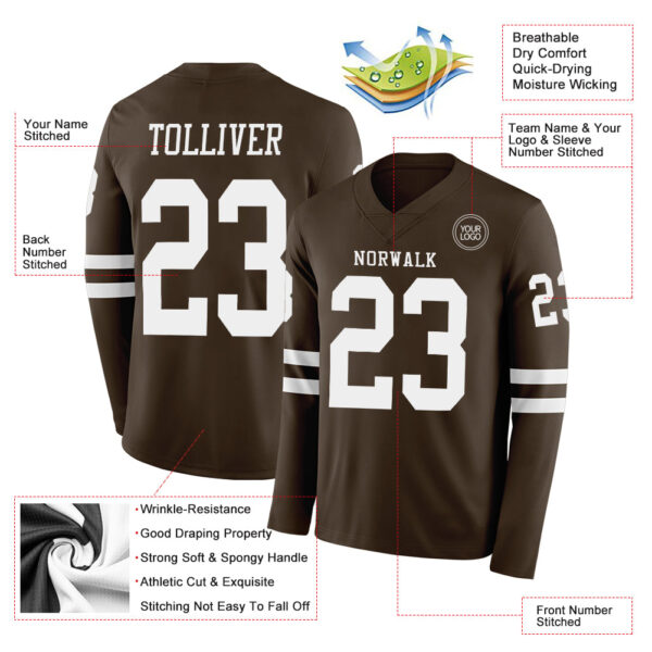Custom Brown White Long Sleeve Authentic Football Jersey