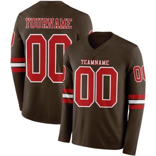 Custom Brown Red-White Long Sleeve Authentic Football Jersey