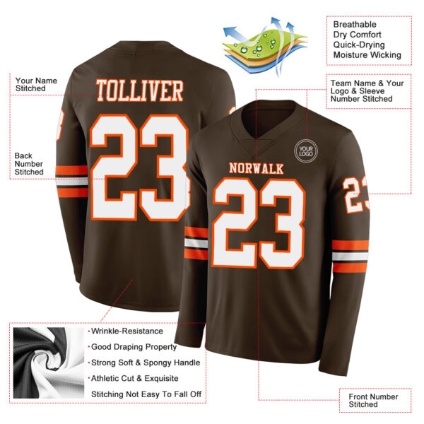 Custom Brown White-Orange Long Sleeve Authentic Football Jersey