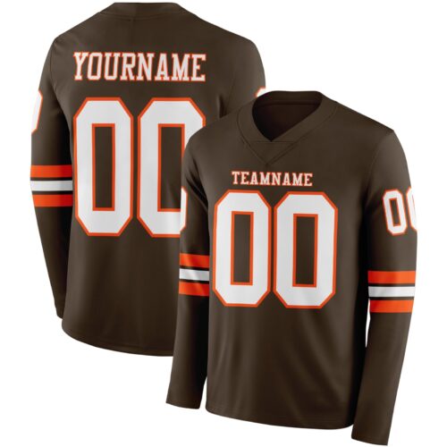 Custom Brown White-Orange Long Sleeve Authentic Football Jersey