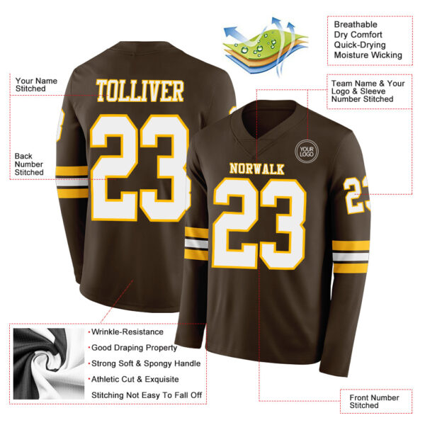 Custom Brown White-Gold Long Sleeve Authentic Football Jersey