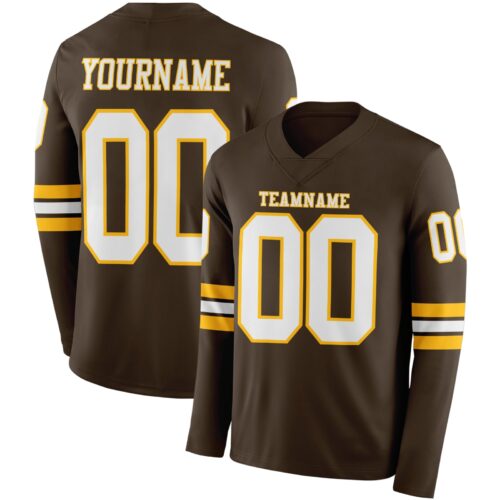 Custom Brown White-Gold Long Sleeve Authentic Football Jersey