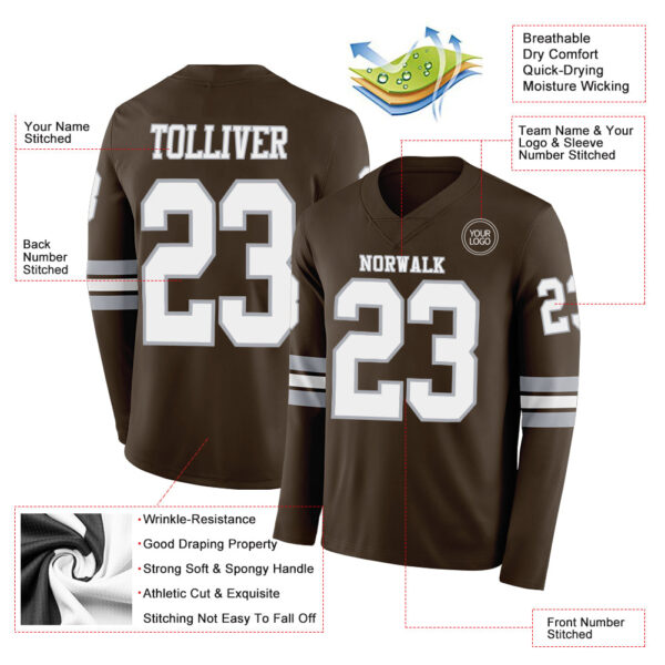 Custom Brown White-Gray Long Sleeve Authentic Football Jersey