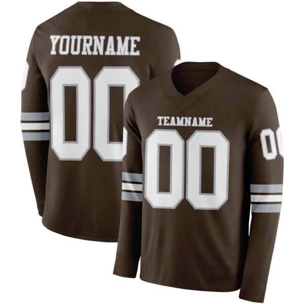 Custom Brown White-Gray Long Sleeve Authentic Football Jersey