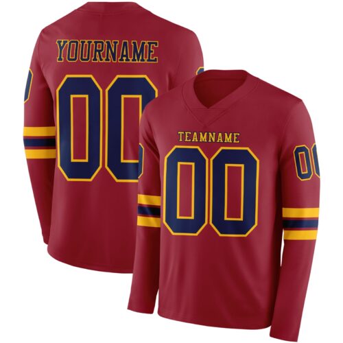 LongSleeve0823 Custom Cardinal Navy-Gold Long Sleeve Authentic Football Jersey