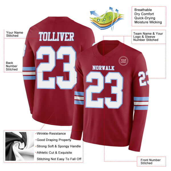 Custom Cardinal White-Light Blue Long Sleeve Authentic Football Jersey