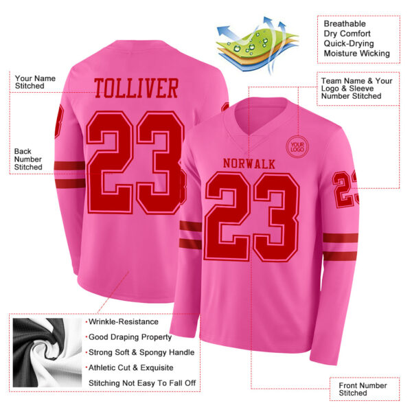 Custom Pink Red Long Sleeve Authentic Football Jersey
