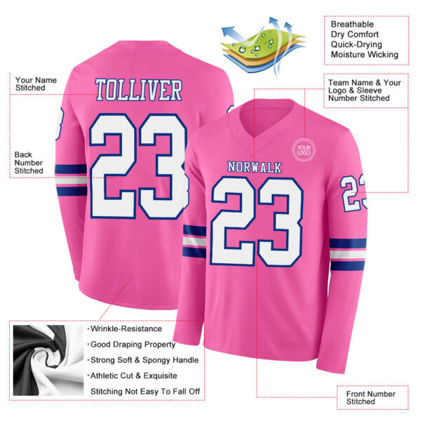 Custom Pink White-Royal Long Sleeve Authentic Football Jersey