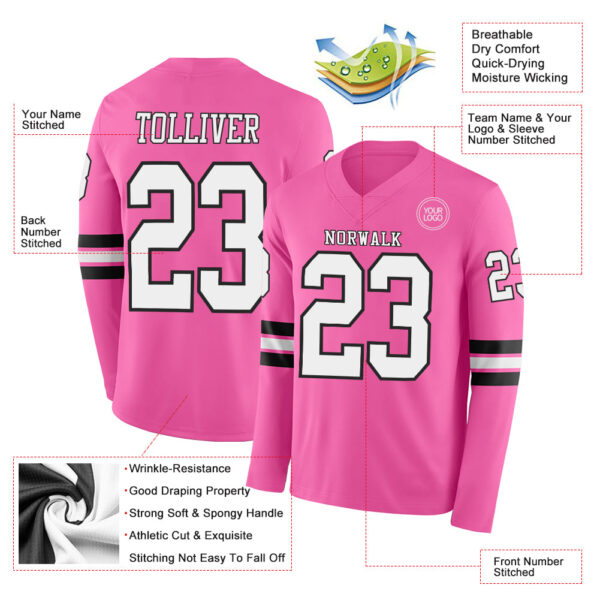 Custom Pink White-Black Long Sleeve Authentic Football Jersey