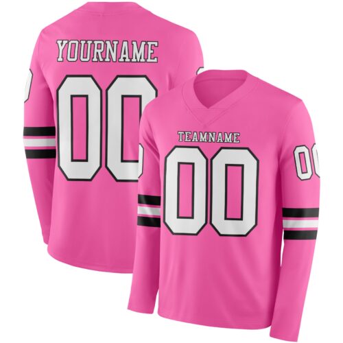 Custom Pink White-Black Long Sleeve Authentic Football Jersey