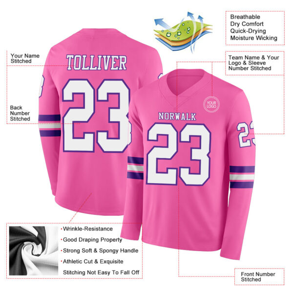 Custom Pink White-Purple Long Sleeve Authentic Football Jersey