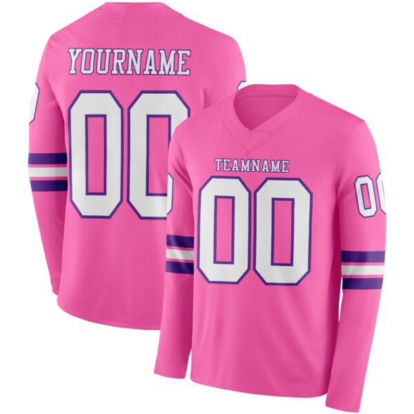 Custom Pink White-Purple Long Sleeve Authentic Football Jersey