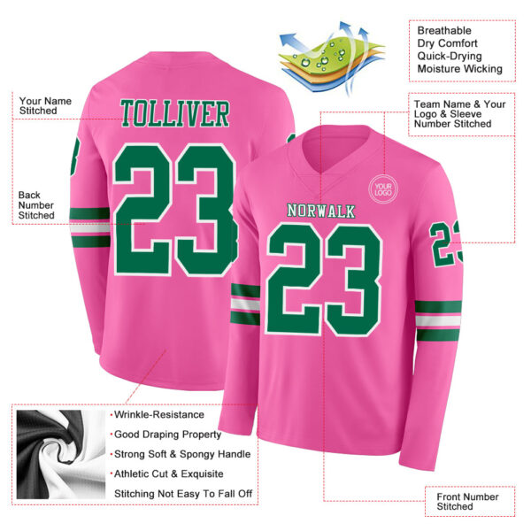 Custom Pink Kelly Green-White Long Sleeve Authentic Football Jersey