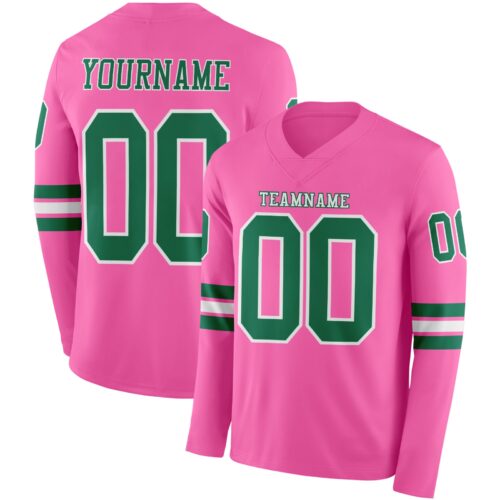 LongSleeve0843 Custom Pink Kelly Green-White Long Sleeve Authentic Football Jersey