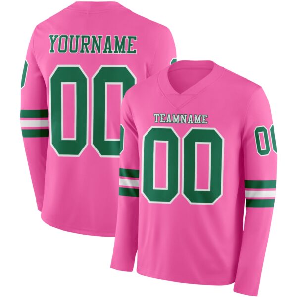 Custom Pink Kelly Green-White Long Sleeve Authentic Football Jersey