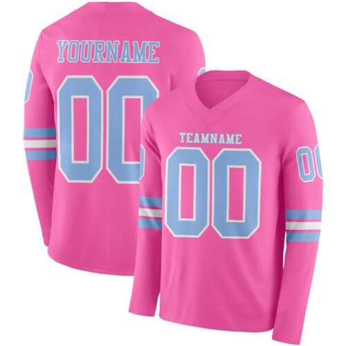 LongSleeve0845 Custom Pink Light Blue-White Long Sleeve Authentic Football Jersey
